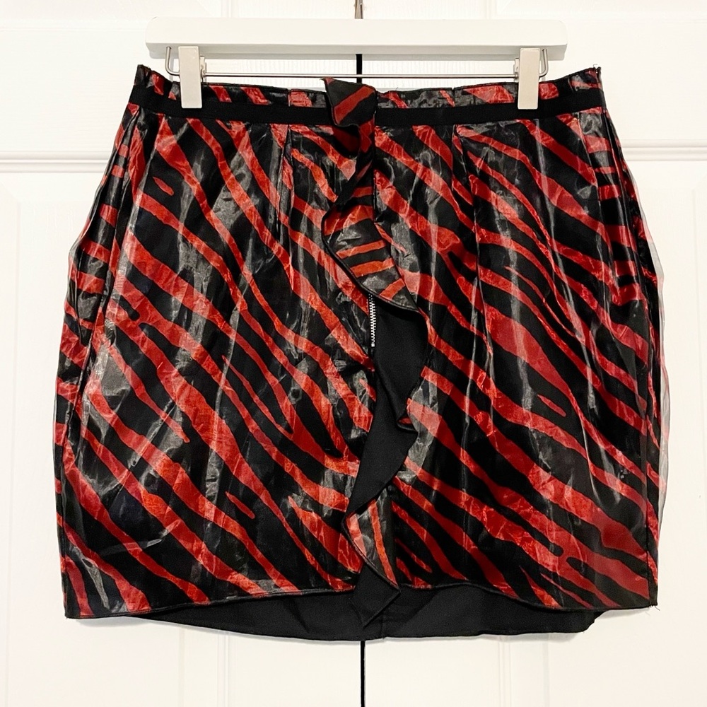 Isabel Marant Red Black Yelena Print Organza Mini Skirt Size 44 Zip Ruffle Front